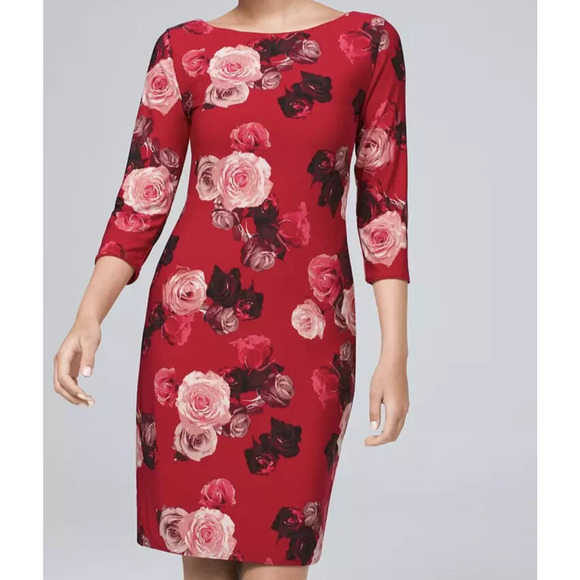 White House Black Market Red Rose Reversible Dress Sz XS Knee Length 3/4 Sleeve - Picture 3 of 8